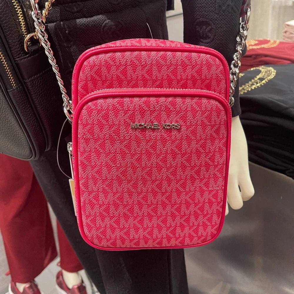 MICHAEL KORS Jet Set Travel Md Signature Logo Crossbody Flight Bag DK RASPBERRY